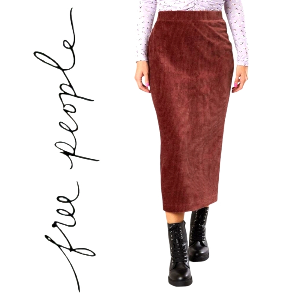 Free People Helen Pull-on Midi Tube Skirt Brown Ribbed Stretch Side Slit SM NWOT